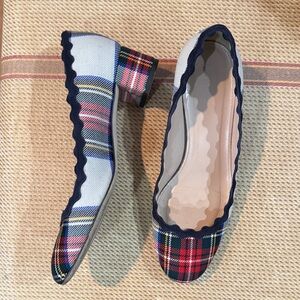 J. Crew Women's Multicolor Plaid Tartan plaid scalloped black heels. 6.5